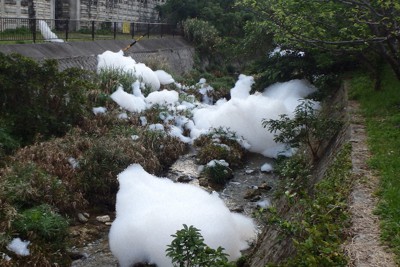 米軍普天間飛行場から近くを流れる宇地泊川に流出した泡消火剤＝沖縄県宜野湾市提供