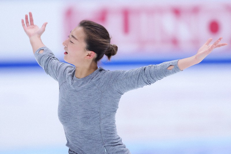 前日練習に臨む坂本花織＝中国・北京で2023年12月6日、吉田航太撮影