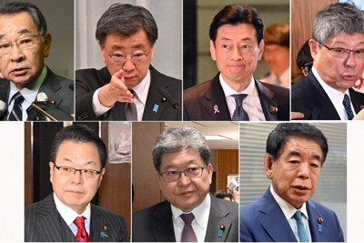 自民党安倍派の（左上から時計回りに）塩谷立氏、松野博一氏、西村康稔氏、高木毅氏、下村博文氏、萩生田光一氏、世耕弘成氏＝いずれも2023年、竹内幹、三浦研吾撮影