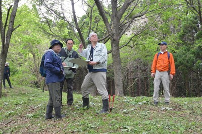 本館城跡地周辺を調査する環白神文化圏研究会メンバーら＝秋田県八峰町で2024年5月6日、田村彦志撮影