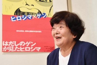 漫画「はだしのゲン」について語る中沢啓治さんの妻ミサヨさん＝広島市中区で2024年7月17日、加古信志撮影