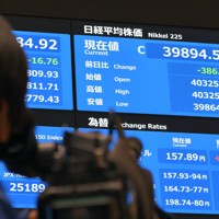 大納会の会場で表示された、2024年の日経平均株価の終値＝東京都中央区の東京証券取引所で2024年12月30日午後3時44分、手塚耕一郎撮影