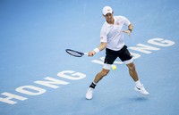 Kei Nishikori of Japan hits the ball during his men's single semifinal match against Shang Juncheng of China in the Hong Kong Tennis Open on Jan. 4, 2025 in Hong Kong. (Eurasia Sport Images/Getty/Kyodo)