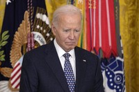 President Joe Biden pauses while presenting the Medal of Honor, the nation's highest military decoration, during a ceremony in the East Room of the White House in Washington, on Jan. 3, 2025. (AP Photo/Susan Walsh