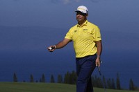 Hideki Matsuyama, of Japan, reacts after missing birdie on the fourth green during the final round of The Sentry golf event, on Jan. 5, 2025, at Kapalua Plantation Course in Kapalua, Hawaii. (AP Photo/Matt York)