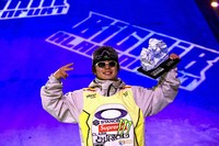 Japanese snowboarder Taiga Hasegawa celebrates after his big air win at a World Cup snowboarding event in Klagenfurt, Austria, on Jan. 5, 2025. (Photo courtesy of @fisparkandpipe/Kyodo)