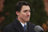 Canada Prime Minister Justin Trudeau announces his resignation as Liberal leader and prime minister outside Rideau Cottage in Ottawa on Jan. 6, 2025. (Sean Kilpatrick/The Canadian Press via AP)