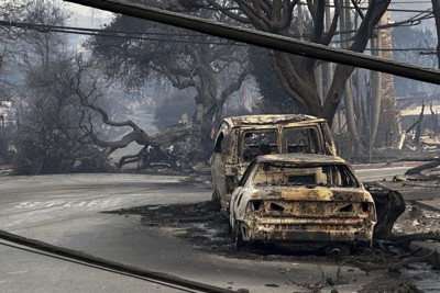 山火事で燃えた車両や街路樹＝米西部ロサンゼルス近郊で2025年1月8日、AP