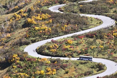 絶景が人気で、富山県の観光地を代表する立山黒部アルペンルート＝富山県立山町で2024年10月17日、本社ヘリから小関勉撮影