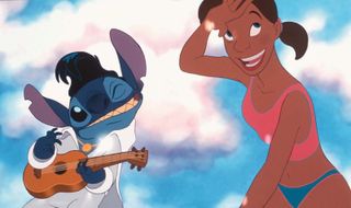 Stich dress as Elvis and playing a tiny guitar during the Disney movie Lilo & Stitch.