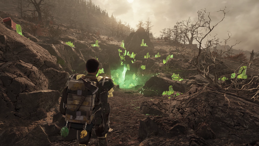 The player stood outside of a cave in Fallout 76.