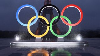 A picture shows the Olympics Rings on the Trocadero Esplanade near the Eiffel Tower in Paris ahead of the Paralympic Games 2024