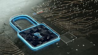 Digitized padlock with binary code placed over a circuit board signifying secure software development and security pratices.