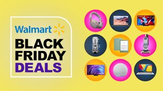 Assorted products on yellow background with Walmart Black Friday deals text overlay