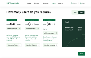 screenshot of workbooks pricing