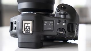 The top of the Canon EOS R3 mirrorless camera