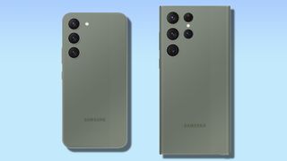 Un render fiiltrado del Galaxy S23 y S23 Ultra en color verde, sobre un fondo azul