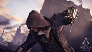 Assassin's Creed Syndicate production still of Jacob Frye with his arm raised, hidden blade gauntlet primed to stab an unseen enemy