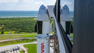 The SpaceX Falcon 9 rocket and Crew Dragon capsule that will fly the Crew-9 astronaut mission stand on the pad at Cape Canaveral Space Force Station in Florida. SpaceX posted this photo on X on Sept. 24, 2024.