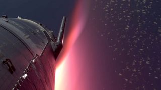 Views of a SpaceX Flight 5 Starship as it reenters Earth's atmophere, with red glowing plasma around it.