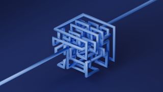 A CGI render of a twisted isometric cube representing chaos engineering, formed from a single blue pipe twisted over itself, which starts in a straight line from the bottom left and reemerges as a straight line in the top right of frame.