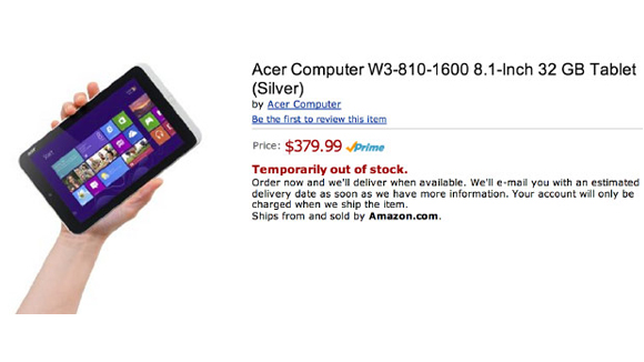 Acer Iconia W3 Amazon leak