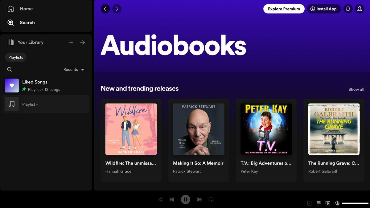 Spotify&#039;s web viewer showing its audiobooks page