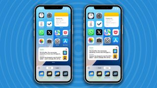 Several iPhones against a blue background, each showing different ways to edit the Home Screen in iOS 18.