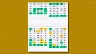 Quordle daily sequence answers for game 611 on a yellow background