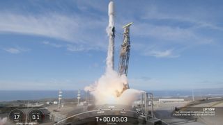 A SpaceX Falcon 9 rocket launches 22 Starlink internet satellites to orbit from Vandenberg Space Force Base in California on Dec. 13, 2024. 