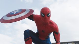 Marvel Timeline: Spider-Man holding Captain America's shield.