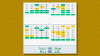 Quordle daily sequence answers for game 595 on a yellow background