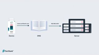 Graphic showing a DNS query converting a domain into an IP address