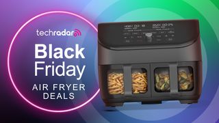 Twin-drawer air fryer on purple background with text reading 'TechRadar Black Friday air fryer deals'