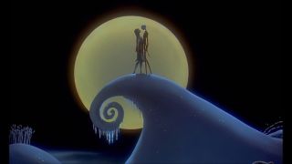 Jack Skellington and Sally holding each other during the Disney movie The Nightmare Before Christmas.