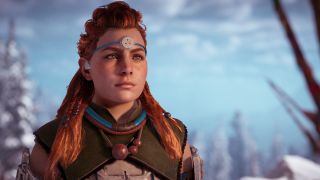 Aloy against a blue sky in Horizon Zero Dawn