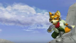 Fox from Star Fox surfs on a space ship against a cloudy sky