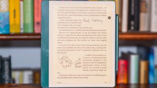 Amazon Kindle Scribe showing writing in canvas tool on book text