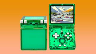 Green Anbernic Game Boy SP against an orange background