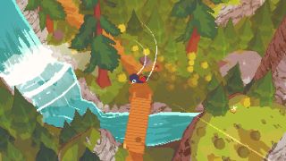 A Short Hike screenshot of Claire the bird flying over a forested mountainscape