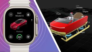 An Apple Watch on a purple background showing the Tesla app, plus Tesla's Santa Mode