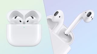 The Airpods-4-vs-Airpods-2 on a green and purple background.