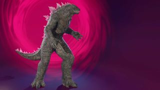 Godzilla in Fortnite, against a pink and purple swirling background