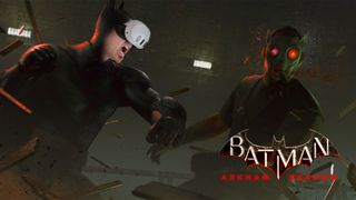 Official Batman Arkham Shadow artwork juxtaposed with a face wearing a Meta Quest 3 overtop Batman's face