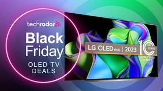 The LG C3 OLED TV next to a sign saying &quot;black friday OLED TV deals&quot;