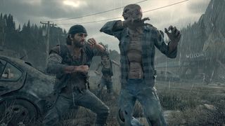 Days Gone screenshot showing a male survivor fighting a zombie in a car dealership