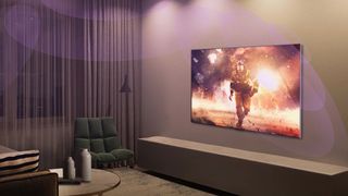 Beste 55" 4K TV, her representert ved en LG C2 i et oppholdsrom.