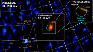 The image shows observations of M82 in gamma-rays (Integral), X-rays (XMM-Newton) and optical light (TNG telescope). Noteworthy is that there is no excess afterglow of the gamma-ray event in X-ray and optical light.