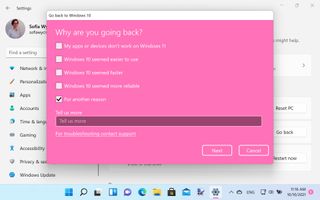 A window asking you why you're going back to Windows 10