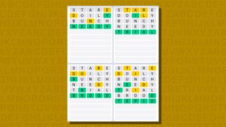 Quordle daily sequence answers for game 732 on a yellow background